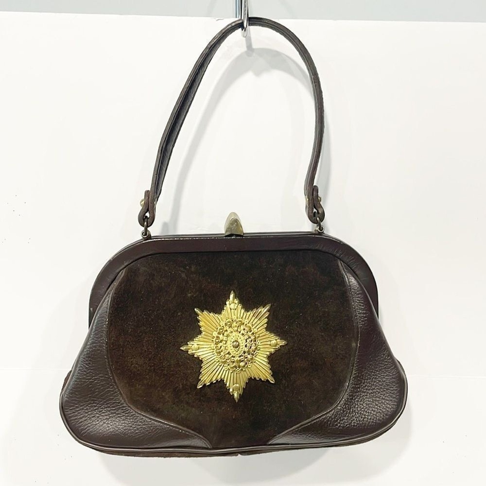 VTG 50s 60s Roger Van S Brown Leather Suede Frame Handbag Starburst Medallion
